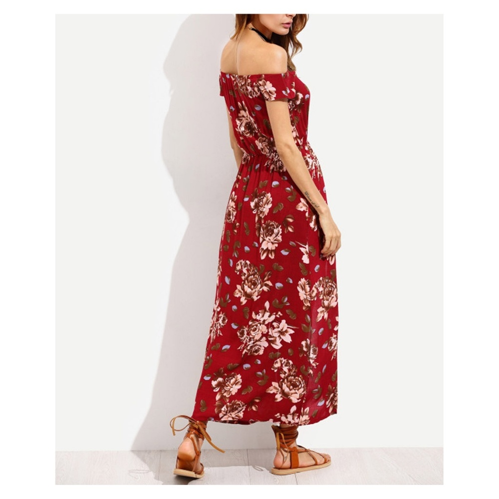 Red Floral Off the Shoulder High Low Romper - Picture 3 of 4